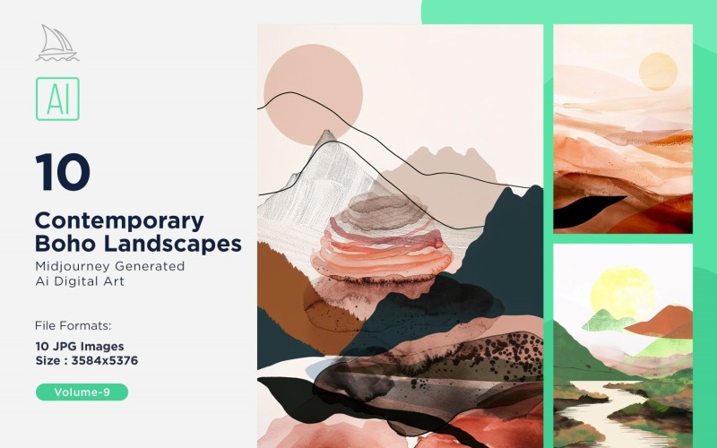 Conjunto de ilustración de paisaje de estilo boho contemporáneo 09
