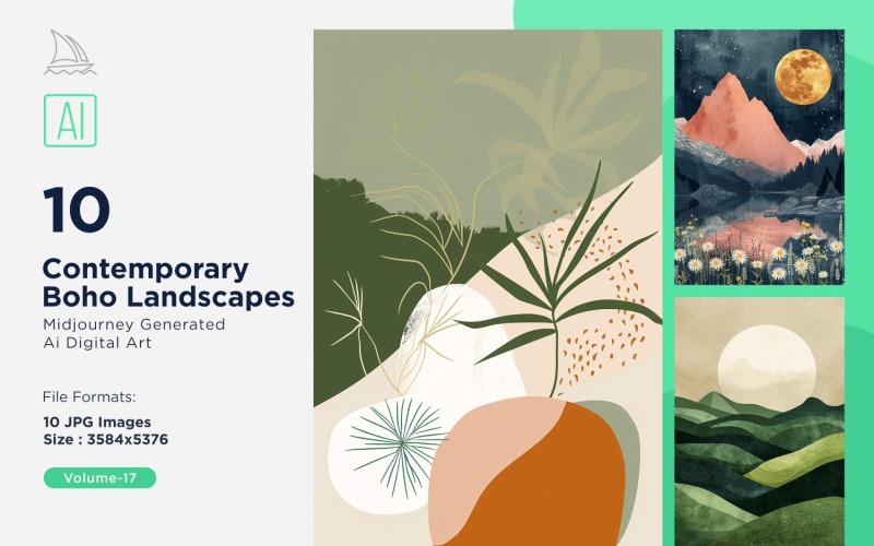 Conjunto de ilustrações de paisagem em estilo Boho contemporâneo 17