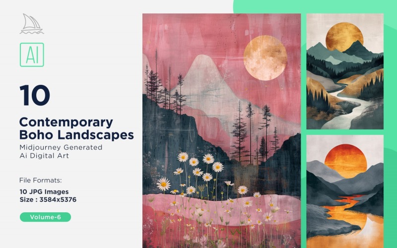 Hedendaagse Boho stijl landschap illustratie Set 06