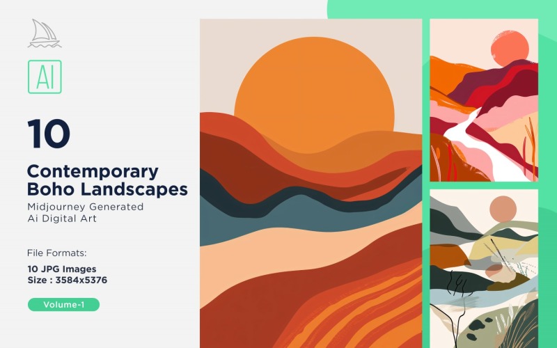 Samtida Boho Style Landscape Illustration Set 01