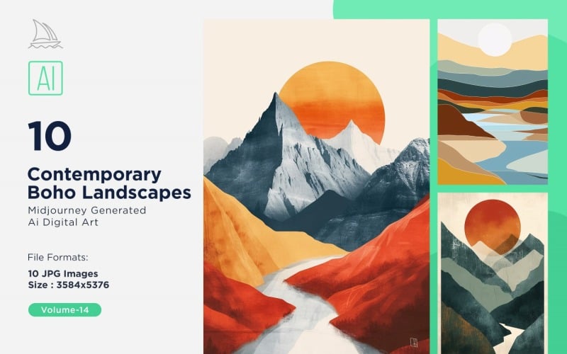 Samtida Boho Style Landscape Illustration Set 14