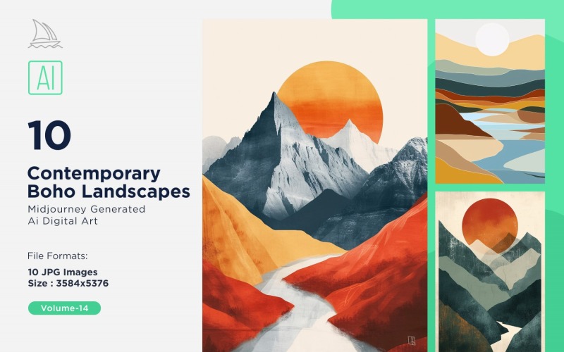 Zeitgenössisches Landschaftsillustrationsset im Boho-Stil 14