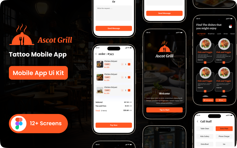 Modello Figma dell'app mobile per ordine al tavolo Ascot Grill