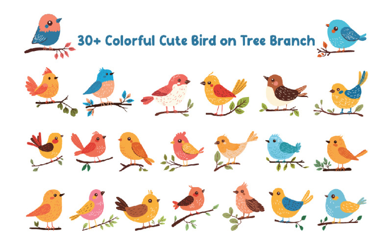 30+ oiseaux mignons et colorés sur une branche d'arbre