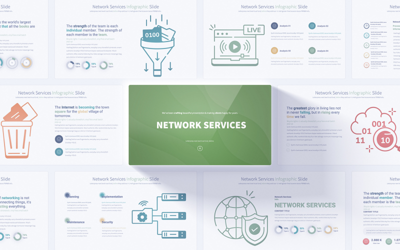 Diapositivas de PowerPoint con infografías sobre servicios de redes profesionales