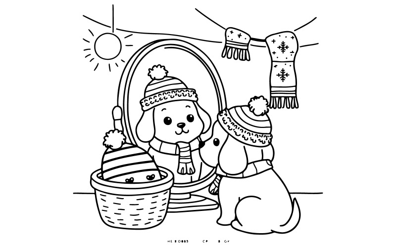 cane che si guarda allo specchio mentre prova un cappello a pompon e una sciarpa