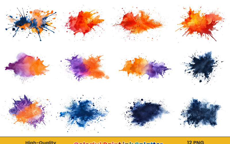Watercolor colorful paint ink splatter brush strokes transparent background