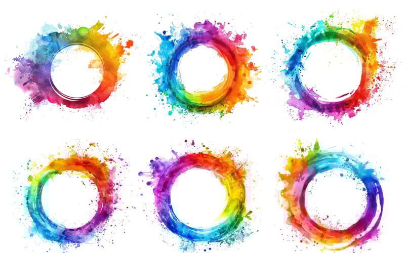 Clipart de respingos de tinta colorida, conjunto de respingos de tinta aquarela arco-íris png.