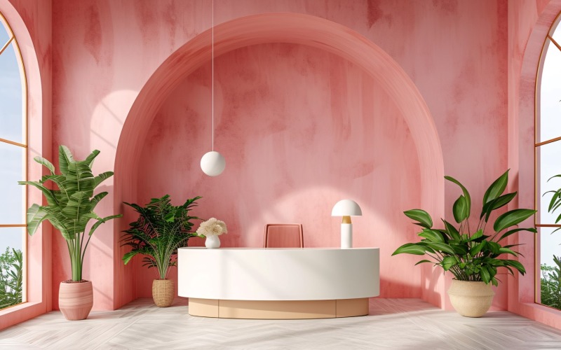 Minimalistický design se stolem a rámem na růžové stěně 54