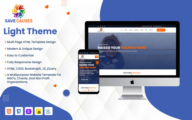 Save Causes NGO Багатосторінковий HTML і шаблон веб-сайту Bootstrap5