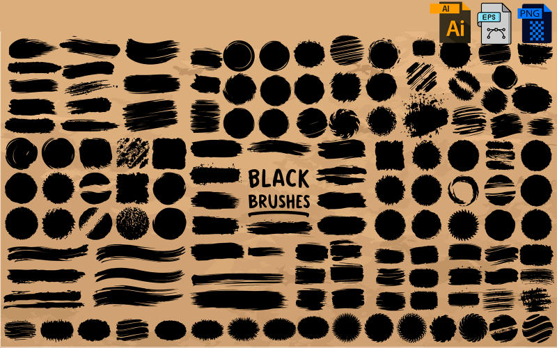 Colección de pinceles negros, trazos de tinta, líneas, estilo grunge, conjunto.