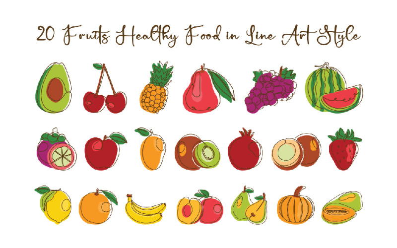 20 Frutas Alimentos Saudáveis em Estilo Line Art