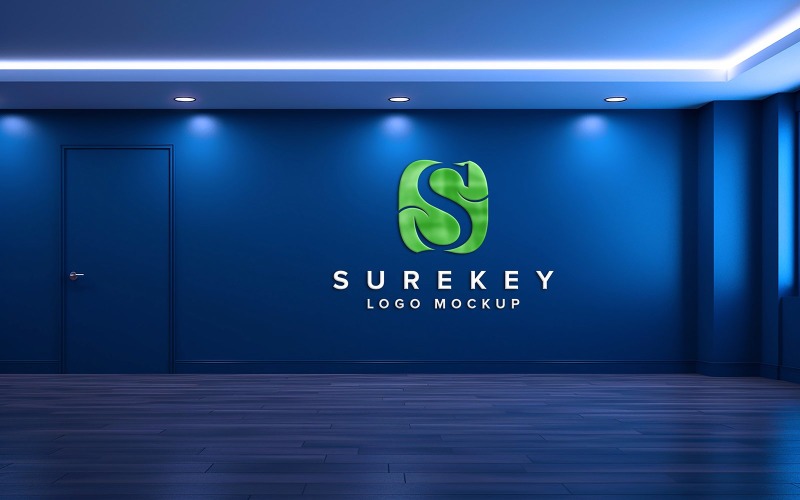 Blue wall indoor logo mockup #439955 - TemplateMonster