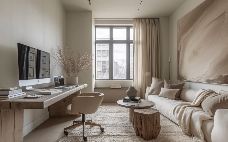 Sala de home office com armário para livros e computador na mesa 362