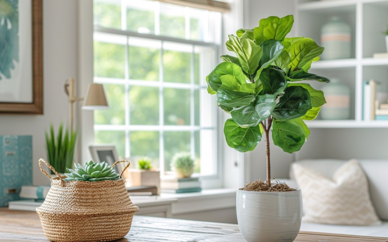 Bureau à domicile avec des vases sur la table en bois 454