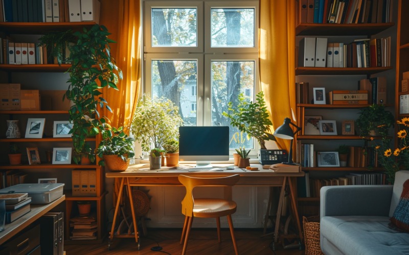 Ev ofis odası sandalye ve masanın üzerinde kitap 473