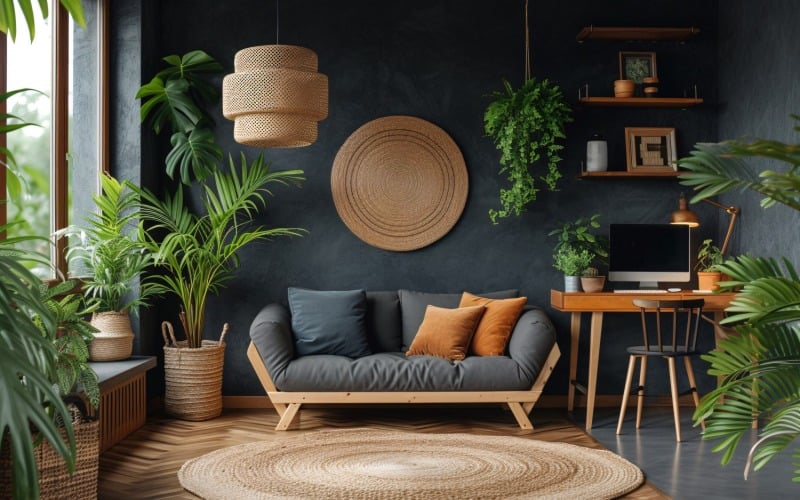 Sala de home office com cadeira e sofá vasos em compensado de madeira 440