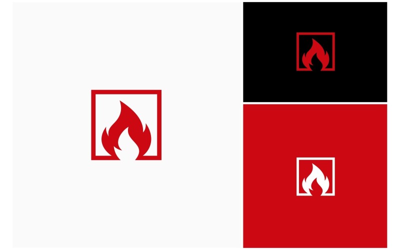 Logotipo con marco cuadrado y llama de fuego caliente