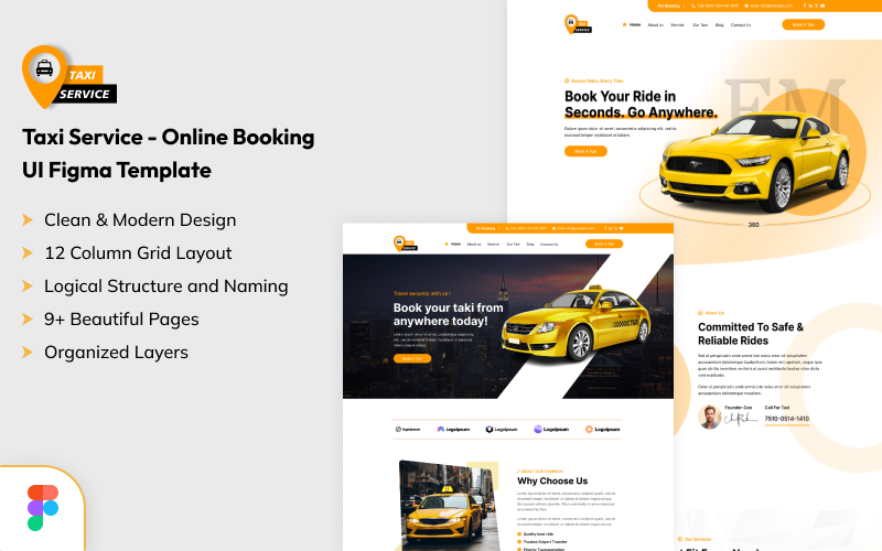 Taksi Hizmeti - Çevrimiçi Rezervasyon Web Sitesi Figma UI Şablonu