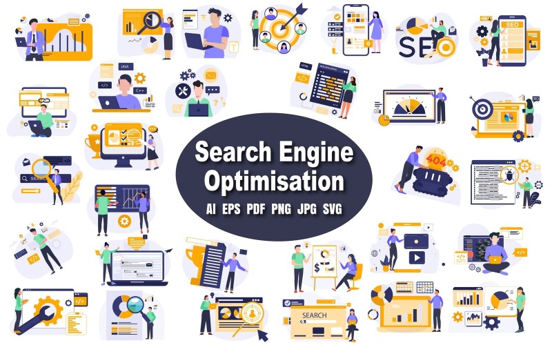 Kompleksowy pakiet ilustracji SEO do marketingu cyfrowego