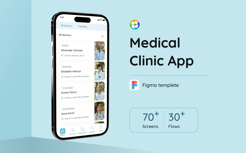 Med.Care Center App — Szablon interfejsu użytkownika aplikacji mobilnej kliniki medycznej