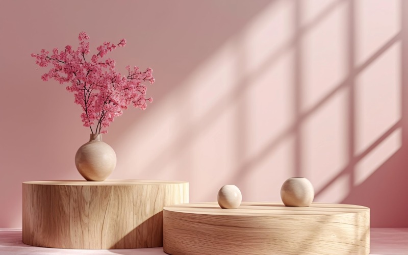 带叶子植物的产品展示台，粉色墙壁 25