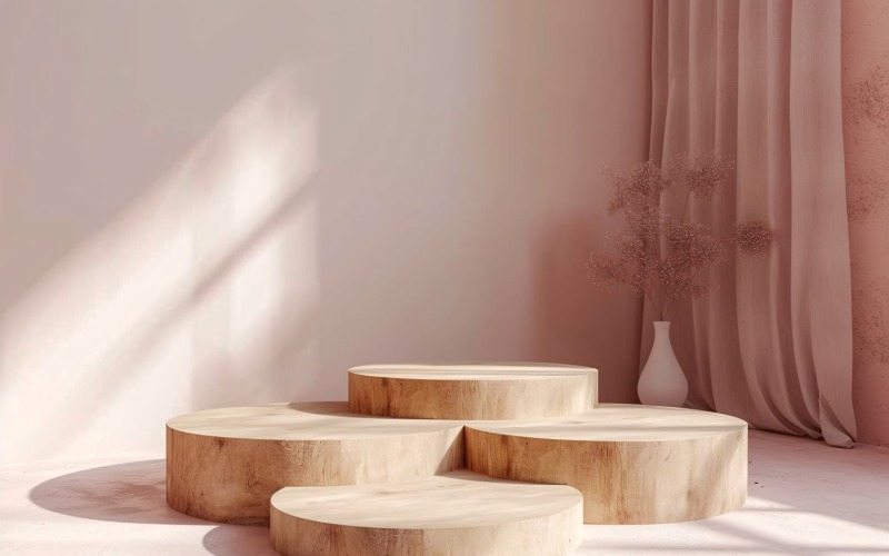 Podio de madera para presentación de productos estilo boho 18