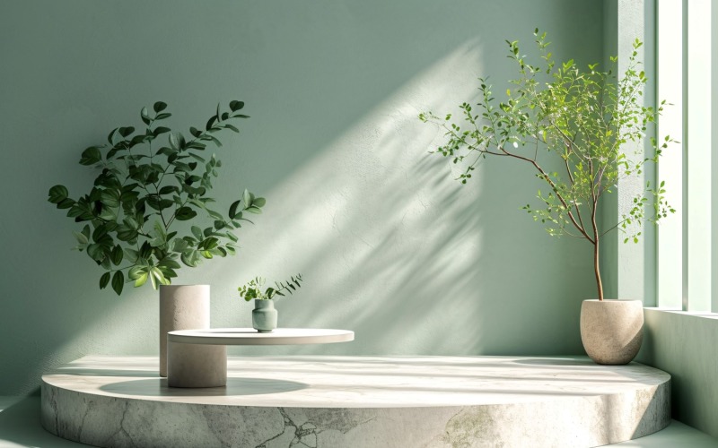 带叶植物的产品展示台、绿墙 71