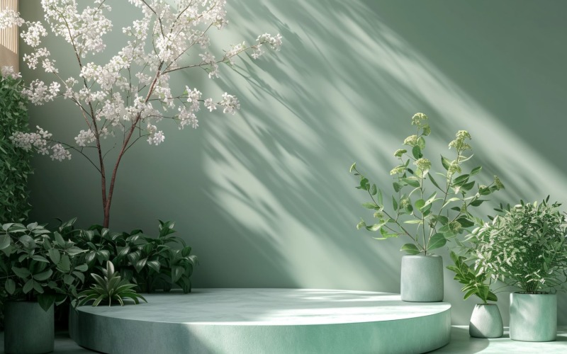 带叶植物的产品展示台、绿墙 97