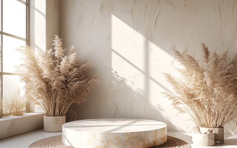 Podio de madera para presentación de productos estilo boho 75