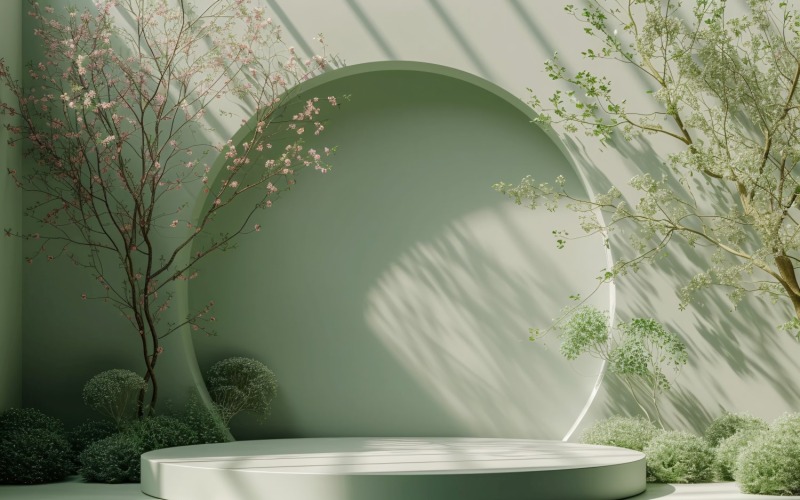 Podio para presentación de productos con plantas de hojas, pared verde 106