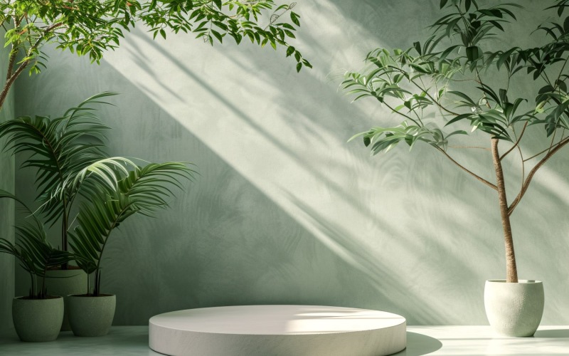 Podio para presentación de productos con plantas de hojas, pared verde 70