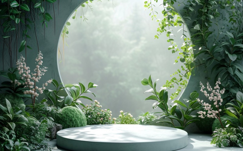 Podium pour présentation de produits avec plantes à feuilles, mur végétal 136