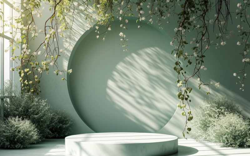 Podium voor productpresentatie met bladplanten, groene wand 99