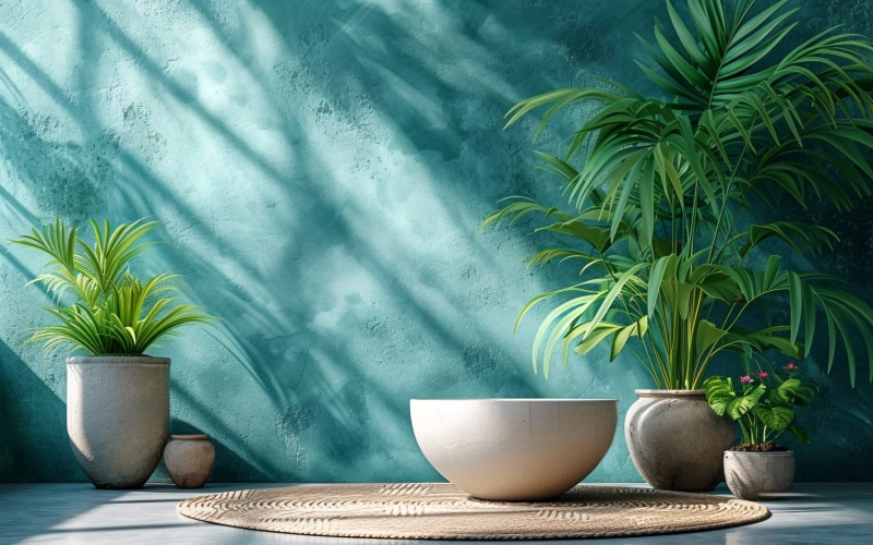 Podium zur Produktpräsentation mit Blattpflanzen, Grüne Wand 162