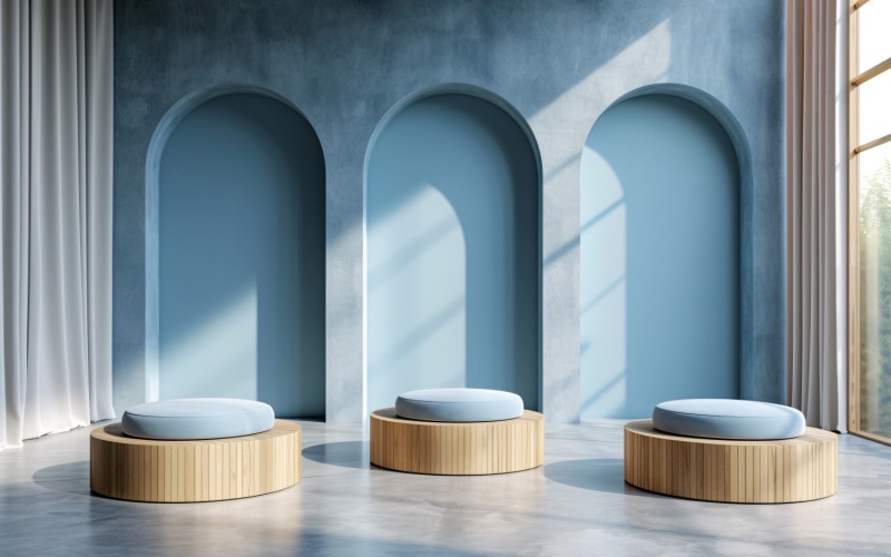 Houten podium voor productpresentatie met blauwe wand 288