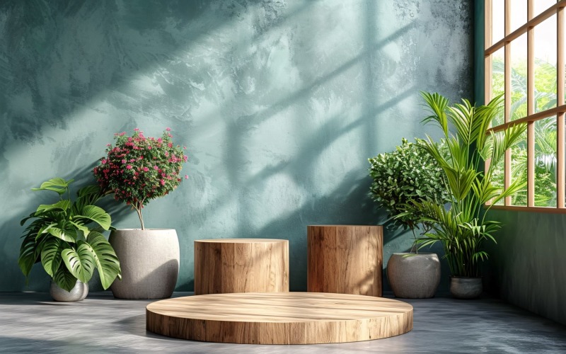 Podio de madera para presentación de productos con hojas de plantas 243
