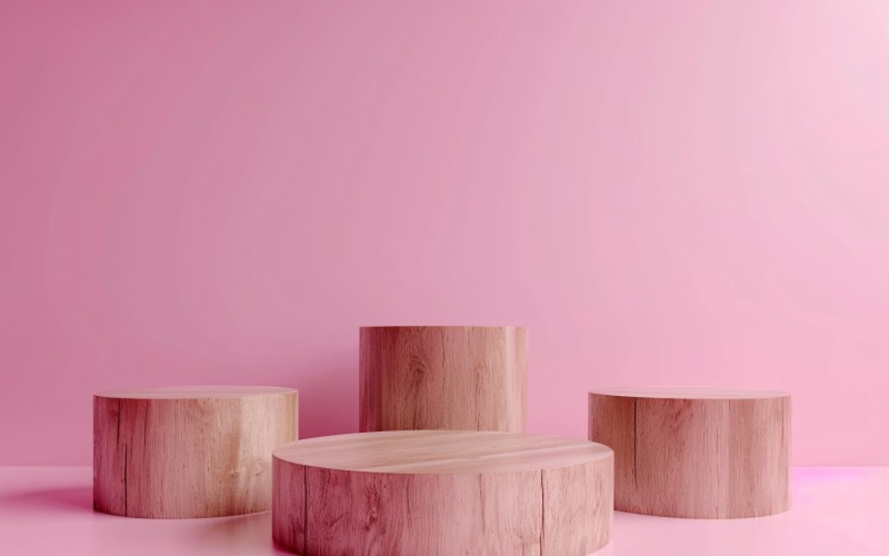 Podio de madera para presentación de productos con pared rosa 261