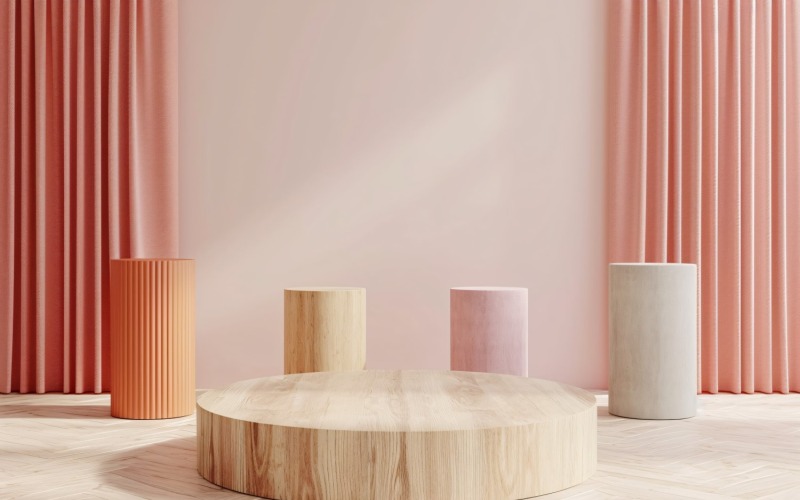 Podio de madera para presentación de productos con pared rosa 292
