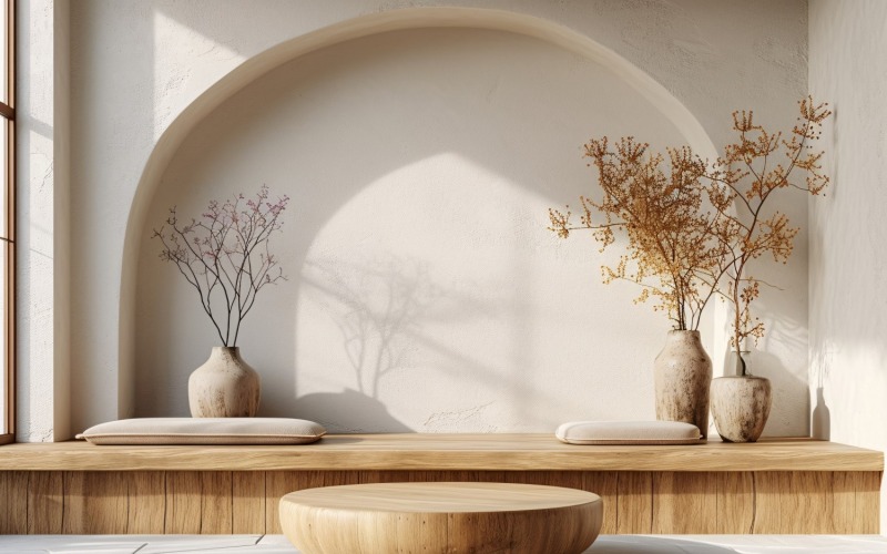 Podio de madera para presentación de productos estilo boho 212