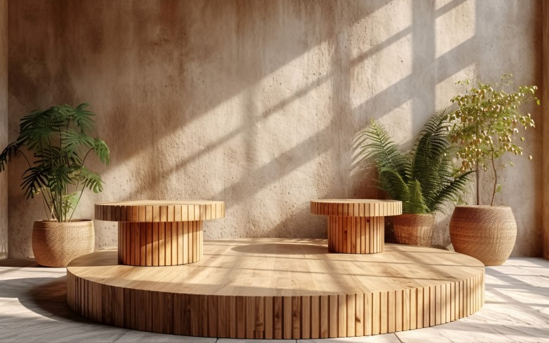 Podio de madera para presentación de productos estilo boho 239