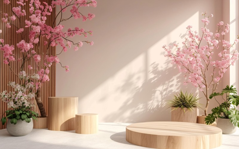 Podio de madera para presentación de productos estilo boho 299