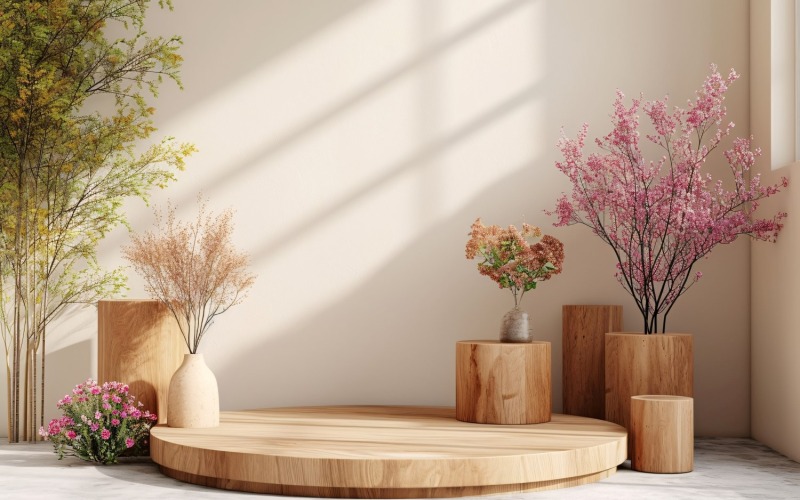 Podio de madera para presentación de productos estilo boho 303