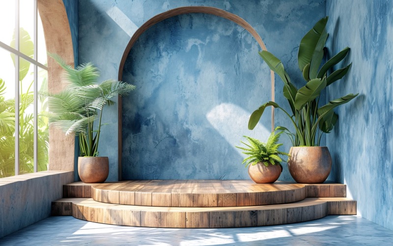 Podium de présentation de produits avec plantes à feuilles et mur bleu 272