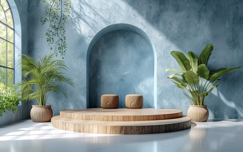 Podium de présentation de produits avec plantes à feuilles et mur bleu 274
