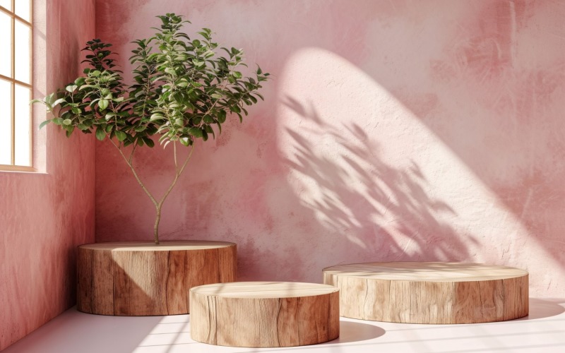 Podium för produktpresentation med lövväxter, rosa vägg 269