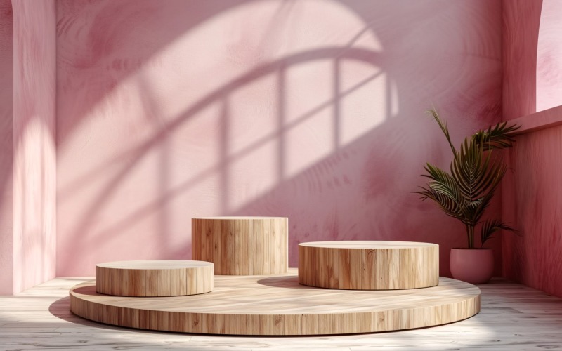 Podium för produktpresentation med lövväxter, rosa vägg 270