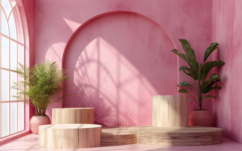 Podium pour présentation de produits avec plantes Leafs, mur rose 263