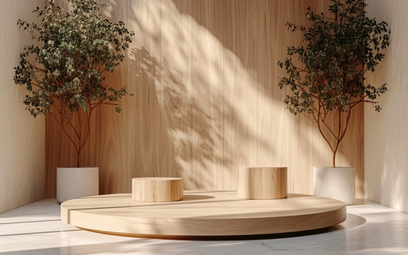 Houten podium voor productpresentatie met bladeren planten 344