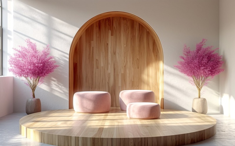 Podio de madera para presentación de productos estilo boho 317
